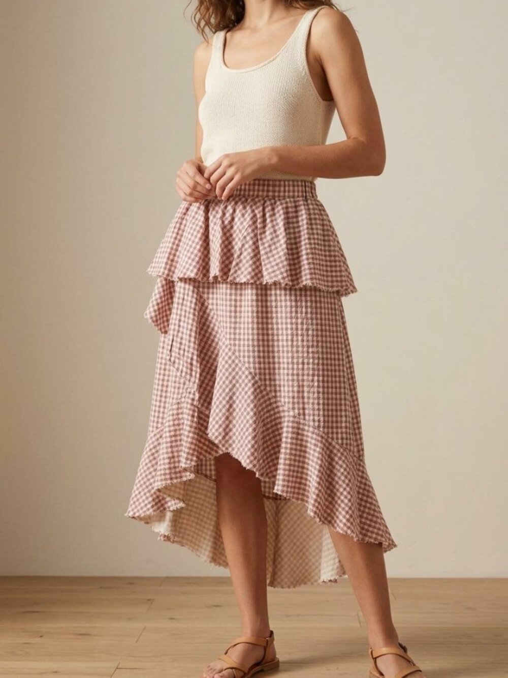 Moon River Burgundy Cream Gingham High-Low Ruffle Midi Skirt Cotton NWT | Size S